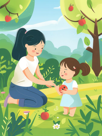 A mother engages happily with her toddler, exploring the park while surrounded by vibrant trees and blossoms on a warm, sunny day.の素材
