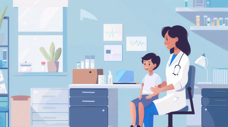 A mother sits warmly beside her child in a pediatrician's office, engaging with the doctor during a health check-up.の素材