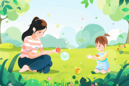 A mother and her young child are happily creating bubbles together in a lush park while enjoying the sunny weather.の素材
