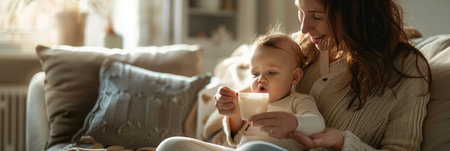 A mother gently feeds her baby in a cozy living room, surrounded by a peaceful and nurturing atmosphere.の素材