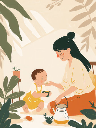 In a warm, inviting home, a mother gently feeds her baby, surrounded by greenery and a calming atmosphere.の素材