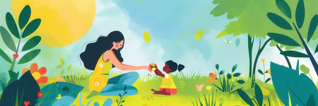 In a sunny park, a mother plays with her toddler on the grass, sharing laughter and joy amidst blooming flowers and lush trees.の素材