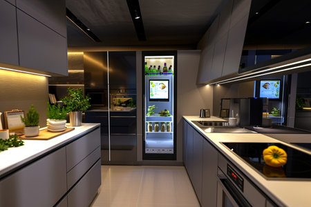 This advanced kitchen showcases a smart refrigerator with a touch screen and a voice-controlled smart oven, designed for convenience.の素材