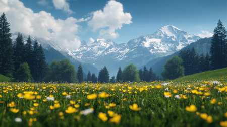 Blooming wildflowers cover the valley while Swiss mountains rise majestically in the background, creating a picturesque spring scene.の素材