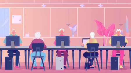 A group of seniors participates in computer courses, enhancing their digital skills while working on laptops and desktops.の素材