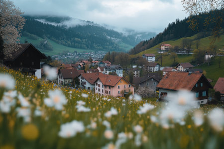 Springtime in a picturesque Swiss village showcases colorful homes nestled in rolling hills beneath a cloudy sky.の素材