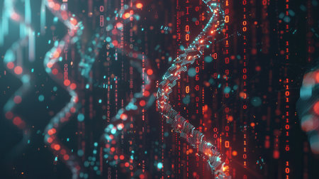 This artwork features a detailed 3D DNA strand immersed in vibrant data streams and binary code, representing the fusion of biology and technology.の素材
