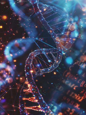 A detailed DNA strand entwined with streams of binary code and digital data, highlighting advancements in genetic research and information technology.の素材