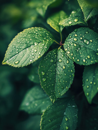Vibrant green leaves glisten with droplets, showing nature's beauty and freshness in a serene, lush environment.の素材