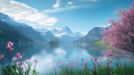 Springtime showcases vibrant flowers blooming by a serene Swiss lake with stunning mountain views and clear blue skies.の素材