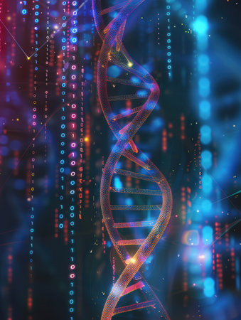 A 3D DNA strand is surrounded by vibrant data streams and binary code, highlighting the link between biology and technology.の素材