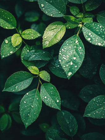 Glowing green leaves sparkle with water droplets, symbolizing freshness and hydration in a lush, tranquil setting.の素材