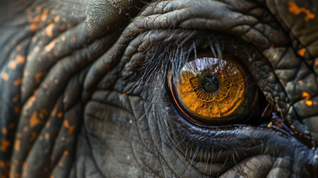 The captivating gaze of an elephant reveals the rich textures of its skin and the warmth of its deep, reflective eye.の素材