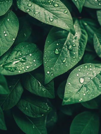 Lush green leaves glisten with droplets of water, showing nature's refreshing beauty and the vitality of the environment.の素材