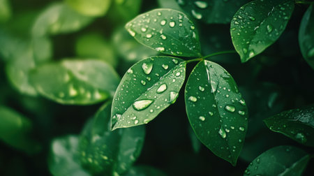 Vibrant green leaves, enhanced by glistening water droplets, showcase nature's beauty and freshness in a peaceful outdoor environment.の素材