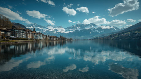 Springtime brings vibrant colors and calm waters to Lake Thun, reflecting the majestic peaks of the Swiss Alps and surrounding landscapes.の素材