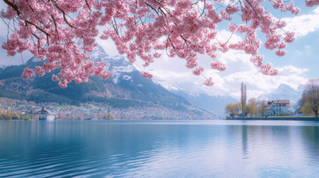 Cherry blossoms bloom along the shores of Lake Thun, reflecting the majestic Swiss mountains and bright blue sky in spring.の素材