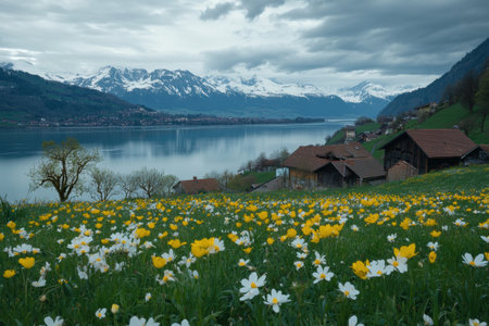 Spring blossoms in vibrant colors decorate the lakeside, framed by majestic mountains under a cloudy sky in Switzerland.の素材