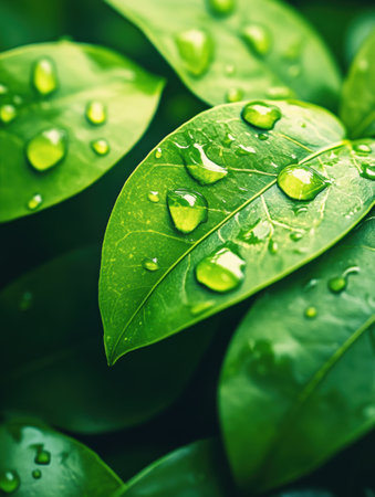 Dewy green leaves glisten with water droplets, highlighting nature's vitality and freshness in a serene natural setting.の素材