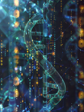 A 3D-rendered DNA helix is interwoven with digital data streams and binary code, representing the fusion of biology and technology.の素材