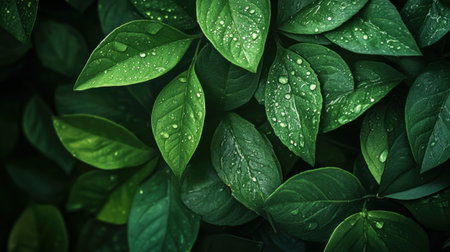 Fresh green leaves adorned with raindrops capture the essence of natureの素材