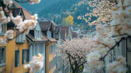 Stroll through picturesque streets adorned with vibrant spring blooms, with stunning mountains in the background creating a serene atmosphere.の素材