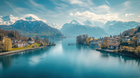 Spring brings vibrant colors to Switzerland, as crystal-clear lakes reflect the surrounding snow-capped mountains and lush greenery.の素材
