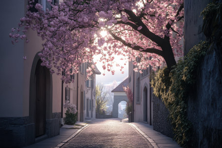 Cherry blossoms bloom along a serene street in a picturesque Swiss village, capturing the essence of spring's beauty and tranquility.の素材