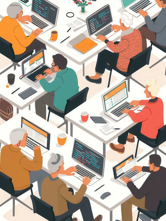 A group of seniors engages in computer classes, mastering technology through practical exercises on laptops and desktops.の素材