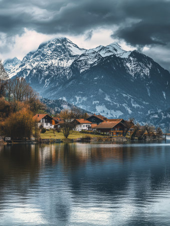 The calm lake mirrors charming Swiss homes under a dramatic spring sky, with majestic mountains framing the picturesque landscape.の素材