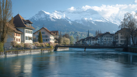 A tranquil spring day unfolds in Switzerland, showcasing riverside homes nestled beside a serene river and towering mountains.の素材