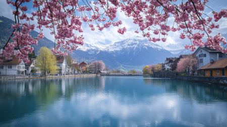 Cherry blossoms frame a tranquil lake in the Swiss Alps, reflecting the stunning mountains under a clear blue sky.の素材