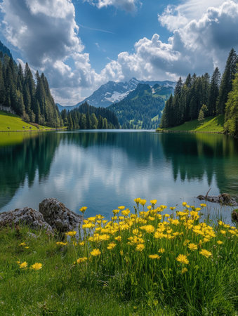 Spring brings vibrant wildflowers to the lakeside where mountains reflect in the calm water under a beautiful cloudy sky.の素材
