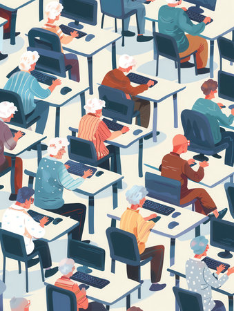 A group of elderly learners focuses on their computer courses, actively using laptops and desktops to improve their digital skills.の素材