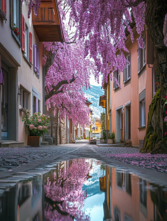 Cherry blossom trees line a quaint Swiss street, their petals falling and reflecting beautifully in puddles on the cobblestones.の素材