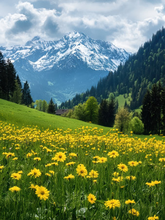 A colorful field of yellow flowers flourishes at the base of the snow-capped Swiss Alps during a sunny spring day.の素材