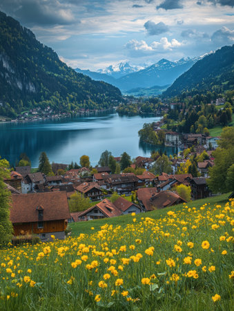 A vibrant field of yellow flowers frames a charming village nestled beside a serene lake, with mountains in the backdrop on a spring day.の素材