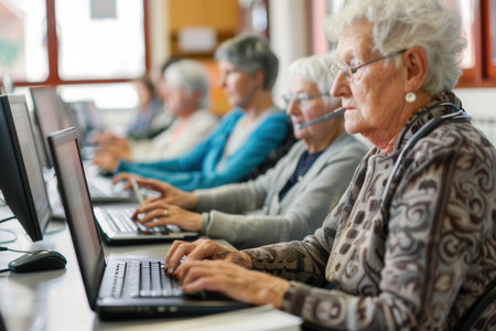 A group of elderly adults focuses on learning digital skills through computers at a community center class, fostering tech literacy and connection.の素材