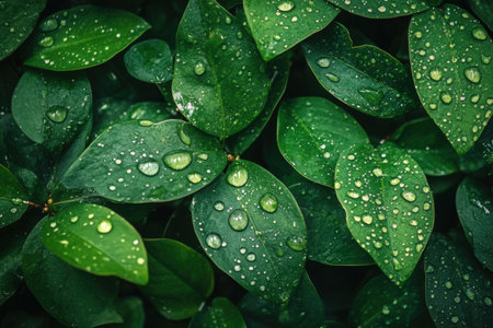 Lush green leaves glisten with water droplets, capturing the essence of freshness and rejuvenation in a serene natural environment.の素材