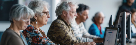 A group of elderly individuals participate in computer courses, focused on learning to use laptops and desktop computers for digital literacy.の素材