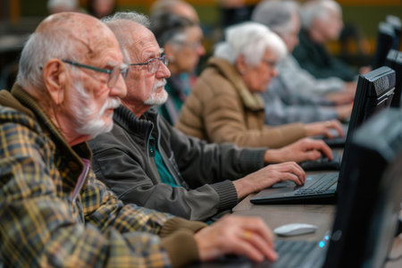 A group of elderly participants eagerly learns computer skills, focusing on their laptops and desktops in a community learning environment.の素材