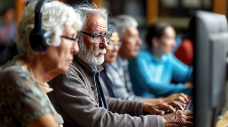 A diverse group of elderly learners participates in technology courses, focusing on computer skills using laptops and desktops together.の素材