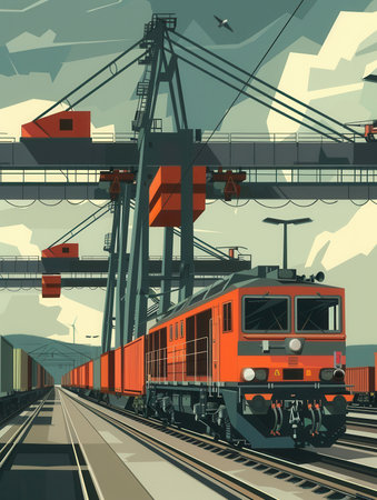 A freight train is being loaded with shipping containers at a busy railway station under a cloudy sky.の素材