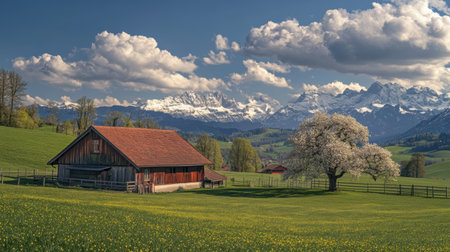 Spring brings vibrant colors to the Swiss countryside, featuring blossoming trees and stunning mountain views under a bright sky.の素材
