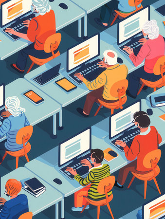 A group of elderly individuals are actively participating in computer courses, focused on improving their technology skills using computers.の素材