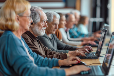 A group of elderly learners works diligently on laptops, focusing on their computer skills at a community center course.の素材