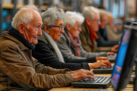 A group of older adults focuses on their laptops, participating in a computer course to enhance their digital skills and knowledge.の素材