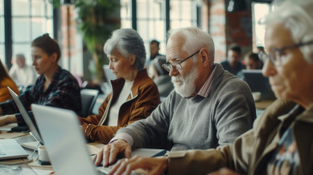A group of older adults focuses on their laptops, participating in computer courses to enhance their technology skills at a local center.の素材