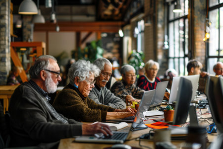 A diverse group of seniors engages in learning computer skills, focused on their laptops in a bright, welcoming classroom environment.の素材