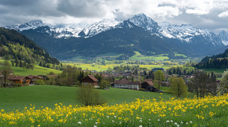 Vibrant yellow flowers bloom in a tranquil Swiss valley, surrounded by majestic mountains and lush greenery on a spring day.の素材